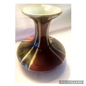 Vintage Art Pottery Vase Maroon & Olive Panels Gold Accent Mid Century